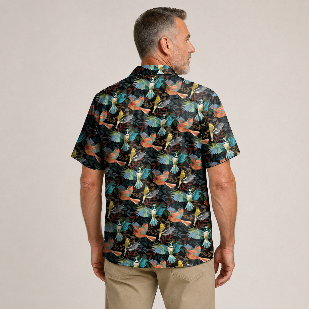 Birdwatching Shirt for Men - Bird Print Hawaiian Button-Up