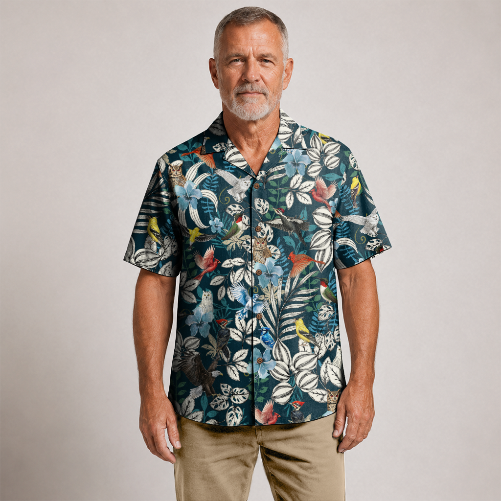 Birdwatching Shirt for Men - Bird Print Hawaiian Button-Up