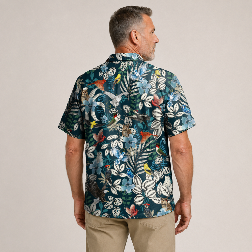 Birdwatching Shirt for Men - Bird Print Hawaiian Button-Up