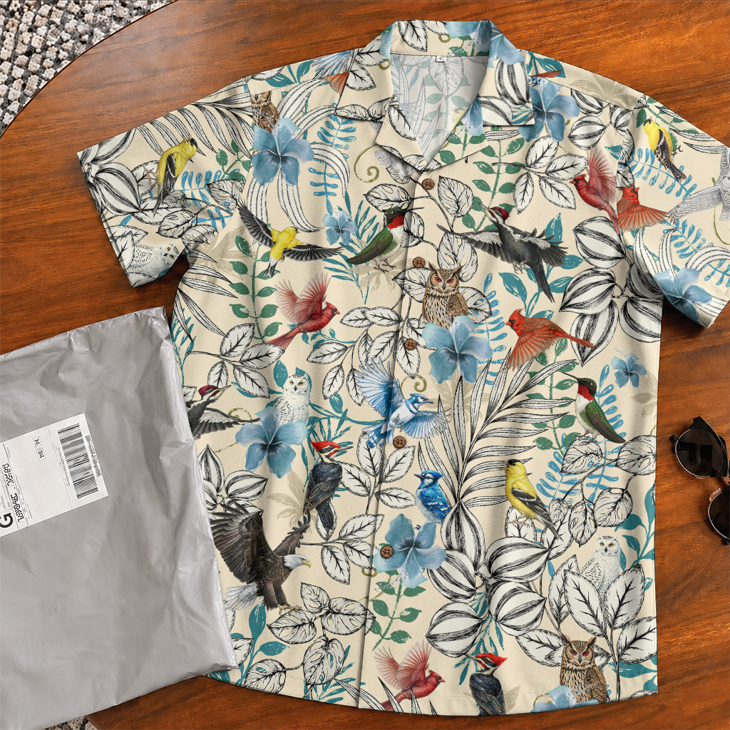 Bird Watching Shirt for Men – Colorful Birds, Butterflies & Botanical Hawaiian Button Down