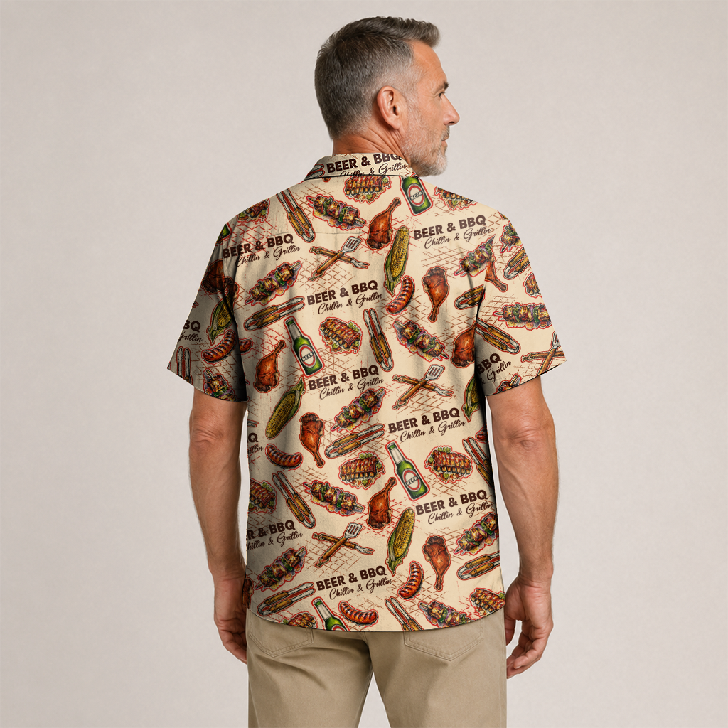 BBQ Shirt for Men - Hawaiian Print Short Sleeve Button-Up