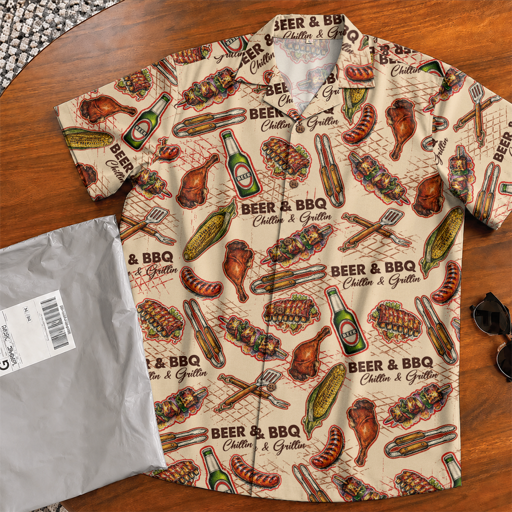 BBQ Shirt for Men - Hawaiian Print Short Sleeve Button-Up
