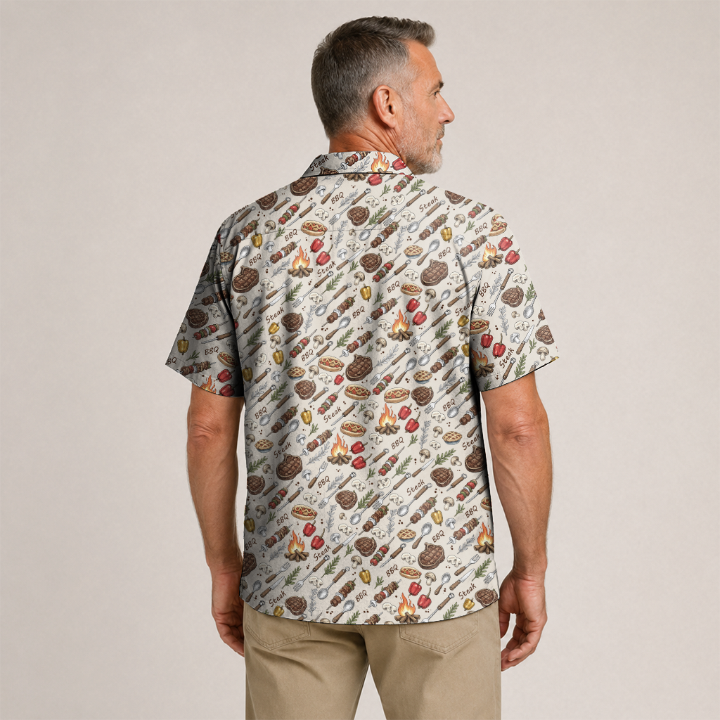 BBQ Shirt for Men - Hawaiian Print Short Sleeve Button-Up