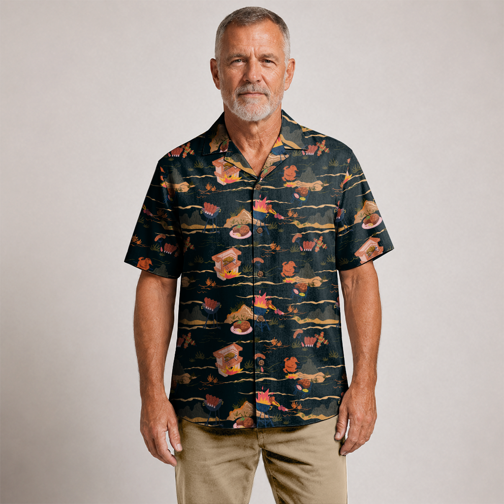 BBQ Shirt for Men - Hawaiian Print Short Sleeve Button-Up