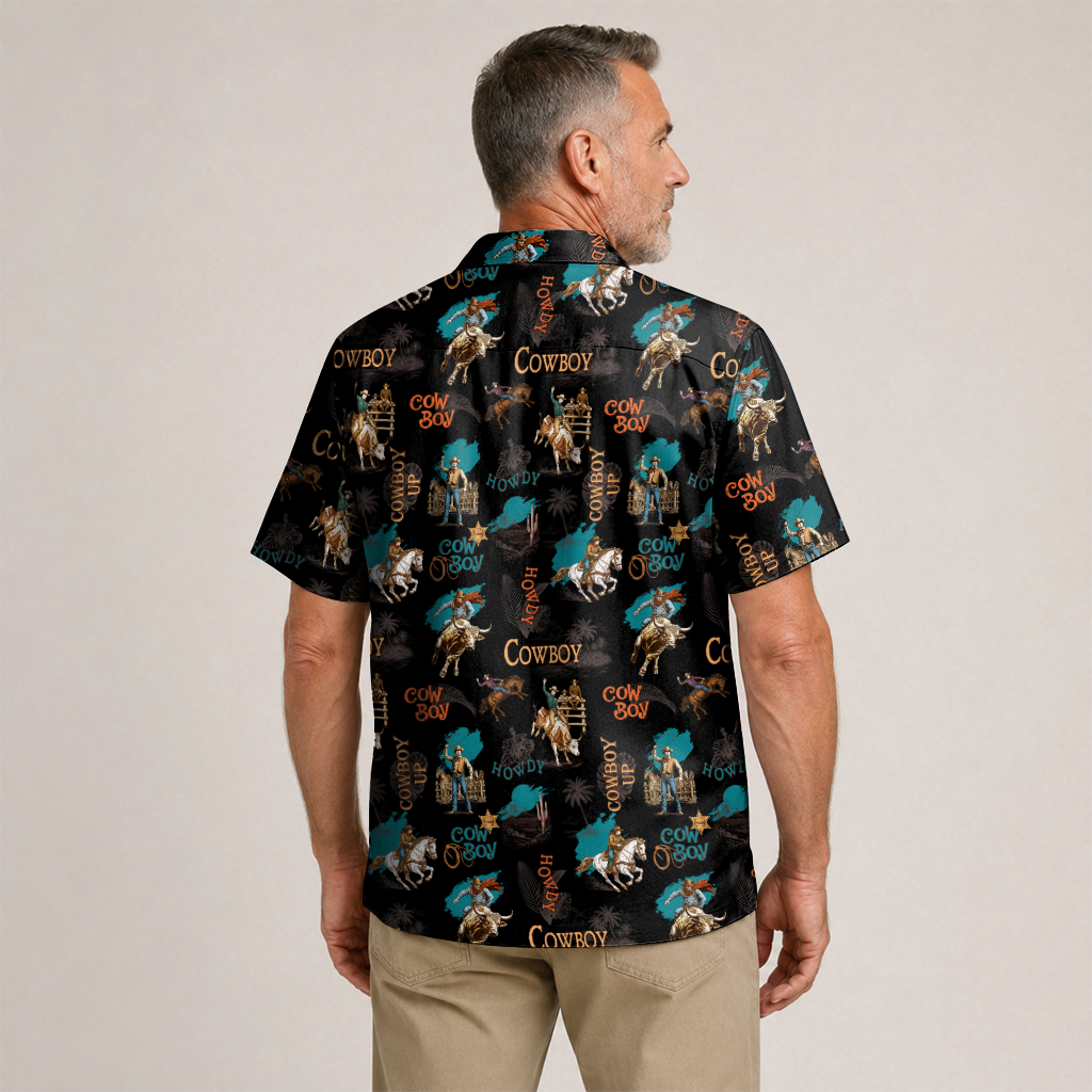 Men's Cowboy Hawaiian Shirt - Western Print Button-Up