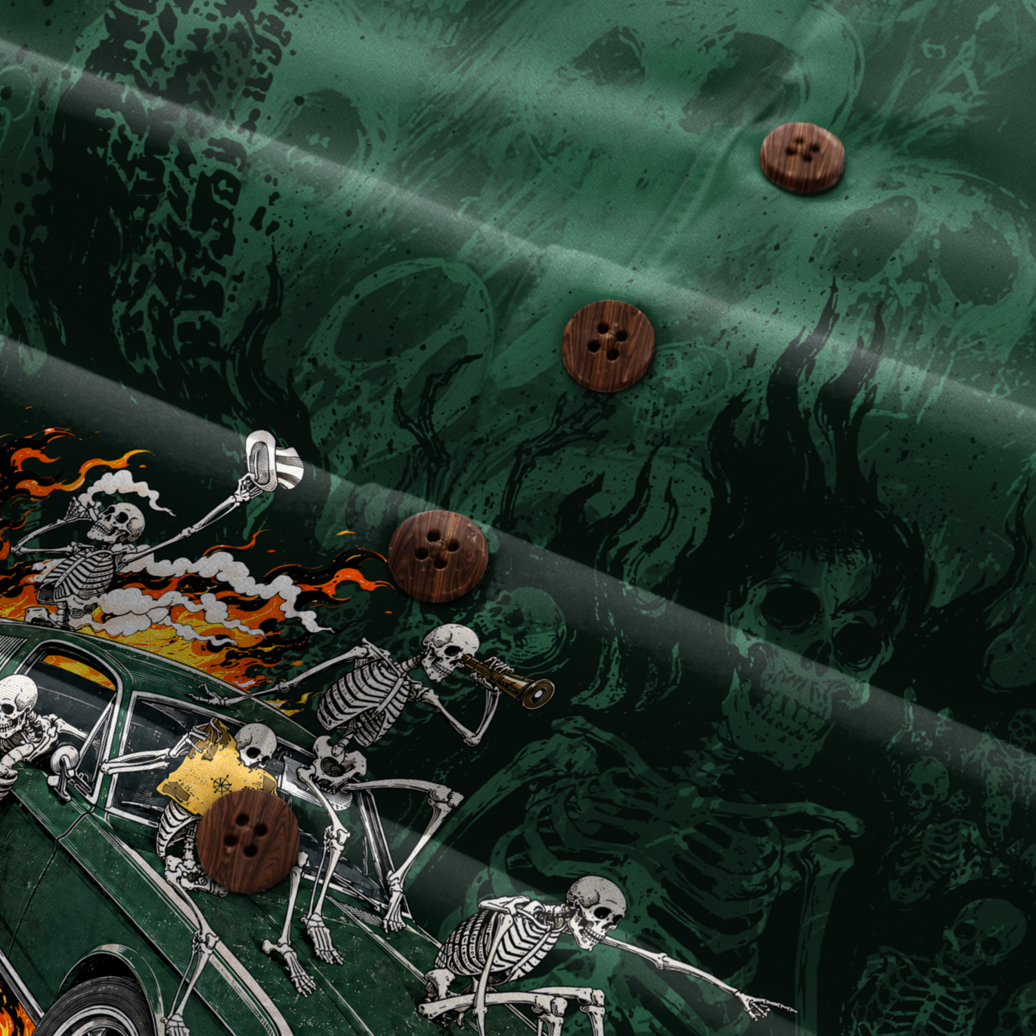 Skeleton Crew Highway Outlaws Muscle Car Hawaiian Shirt - Green Edition