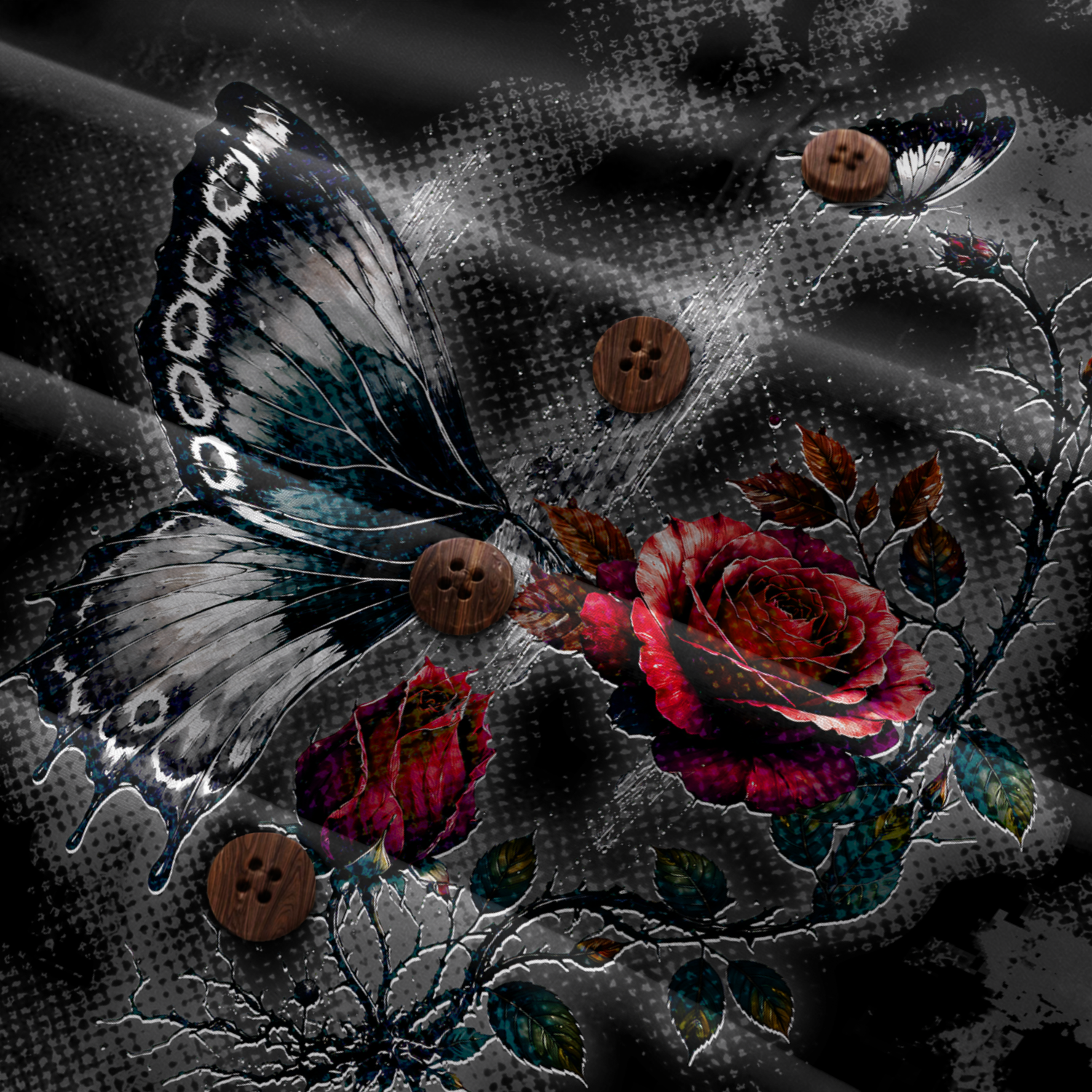 Hidden Skull Illusion Rose & Butterfly Hawaiian Shirt - Black Edition