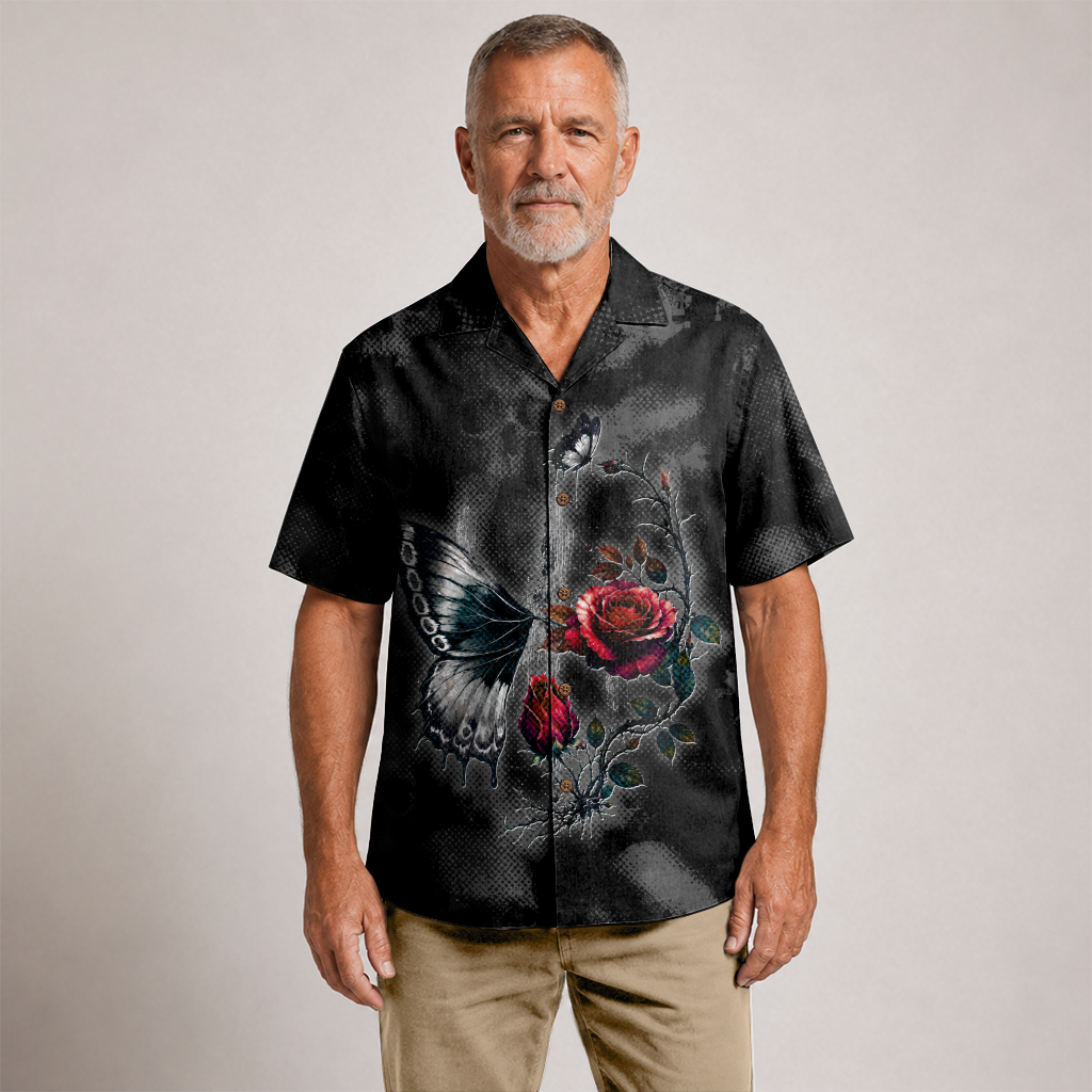 Hidden Skull Illusion Rose & Butterfly Hawaiian Shirt - Black Edition
