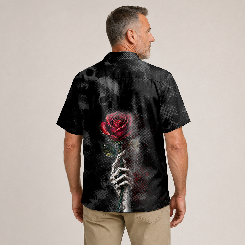 Hidden Skull Illusion Rose & Butterfly Hawaiian Shirt - Black Edition