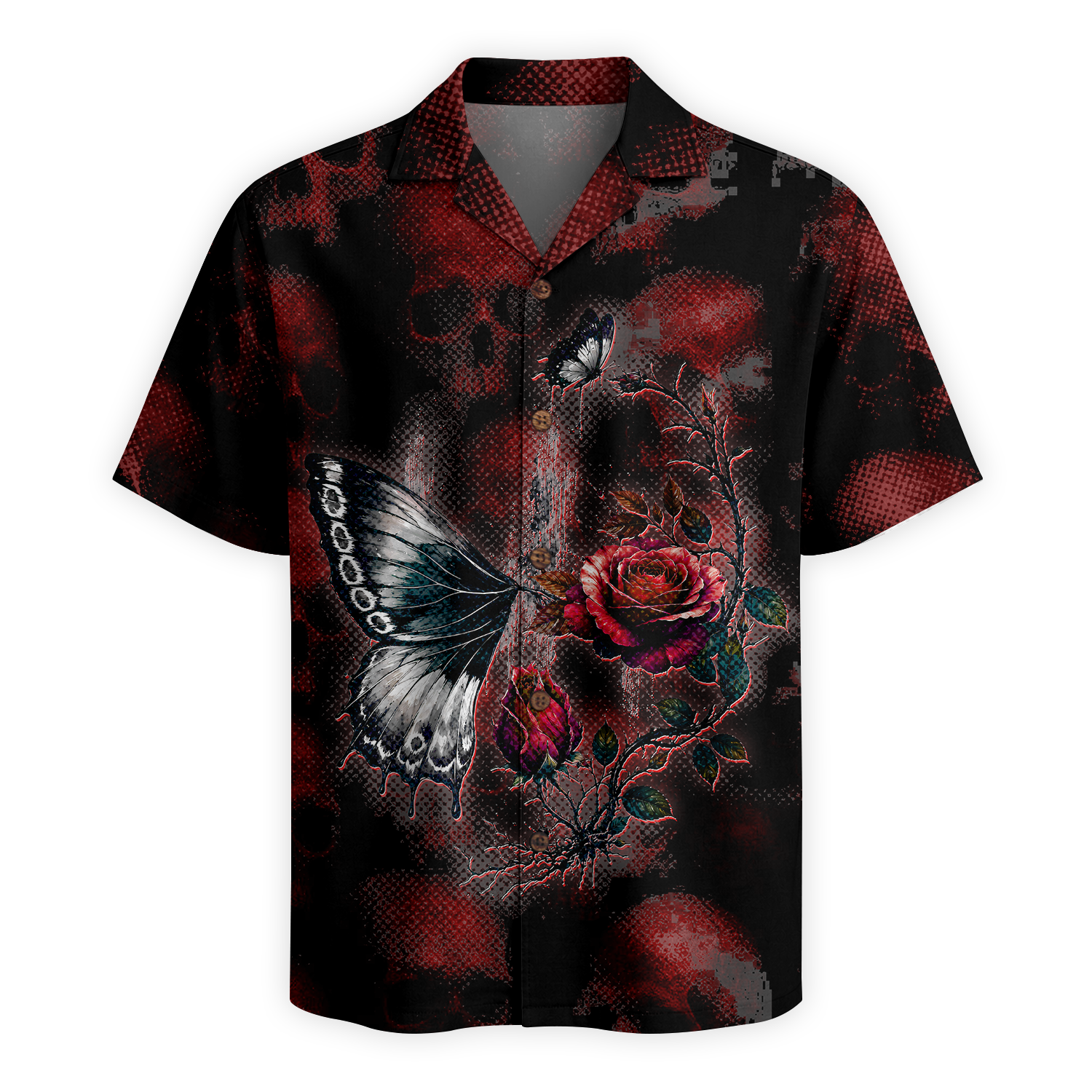 Hidden Skull Illusion Rose & Butterfly Hawaiian Shirt - Red Edition