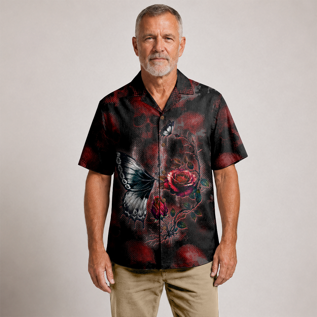Hidden Skull Illusion Rose & Butterfly Hawaiian Shirt - Red Edition
