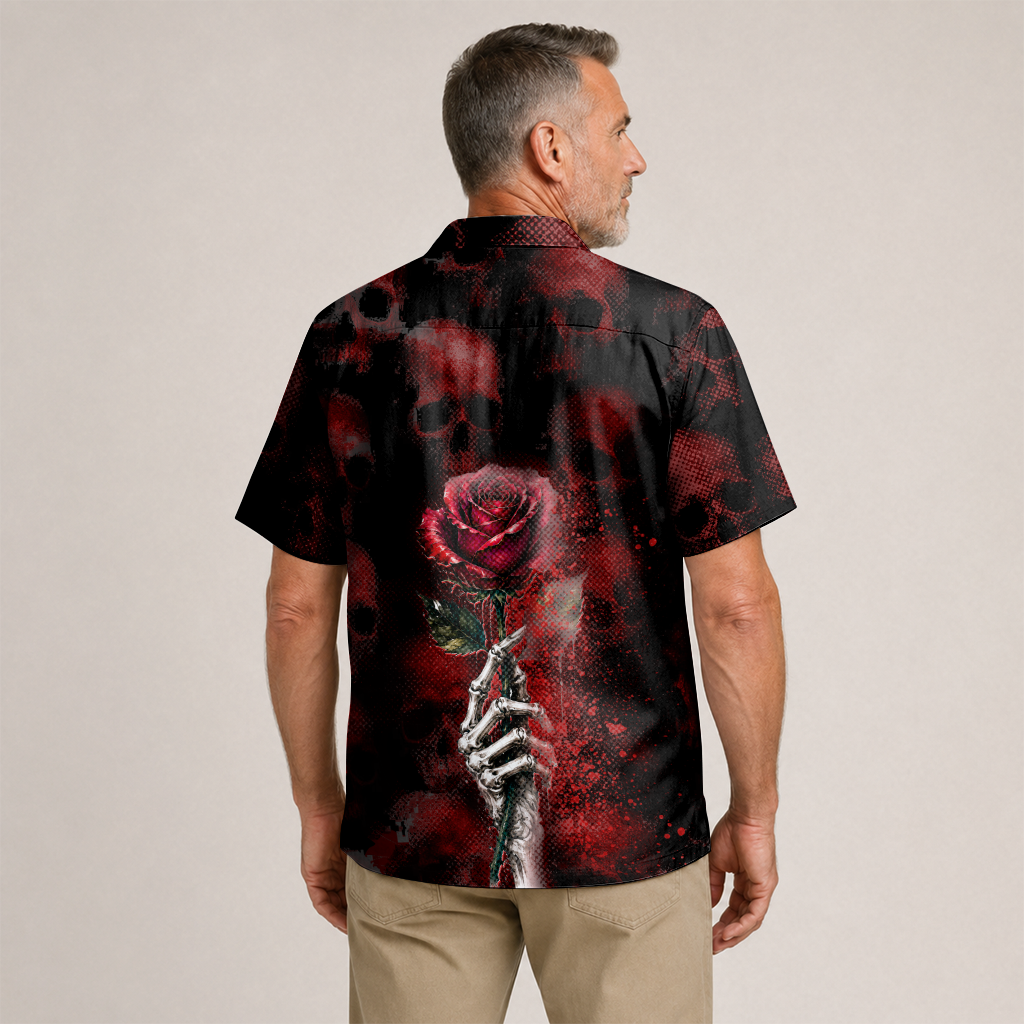 Hidden Skull Illusion Rose & Butterfly Hawaiian Shirt - Red Edition