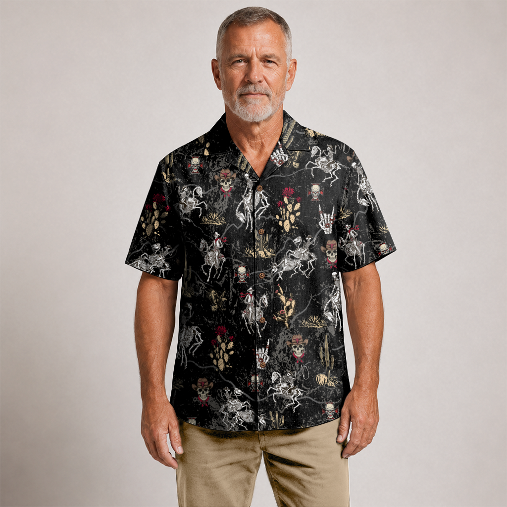 Vintage Desert Outlaw Skeleton Cowboy Hawaiian Shirt - Black Edition