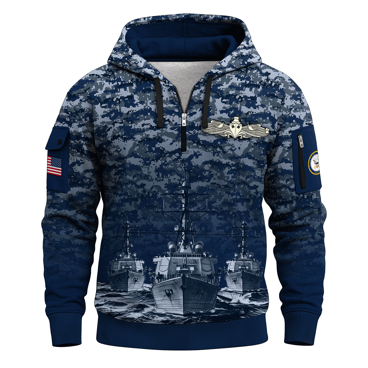 US Navy Surface Warfare 250th Years All-over Quater Zip Hoodie of Service