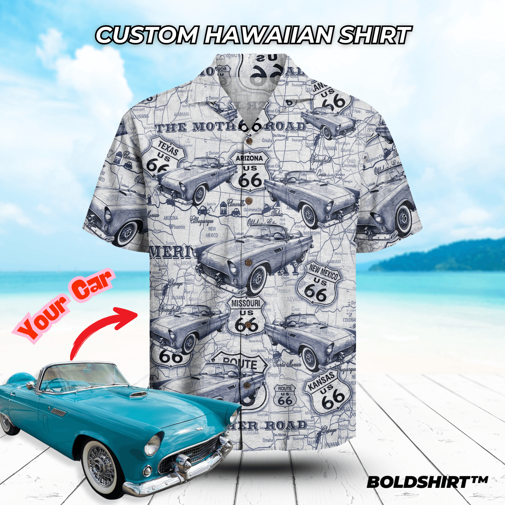 Personalized Hawaiian Shirt – Car Blue Toile De Jouy