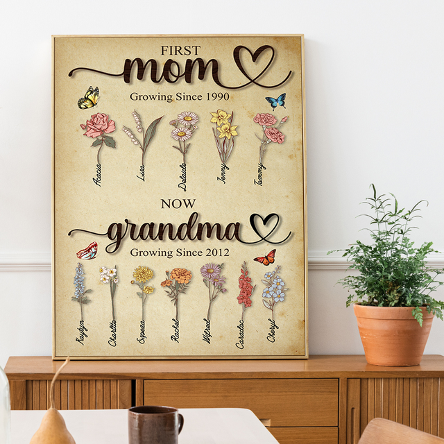 First Mom Now Grandma Growing Here Since, Custom Grandma's Garden Poster with Grandkids Names, Birth Month Flower Bouquet, Personalized Gift for Grandma