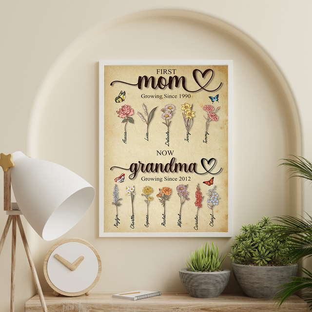 First Mom Now Grandma Growing Here Since, Custom Grandma's Garden Poster with Grandkids Names, Birth Month Flower Bouquet, Personalized Gift for Grandma