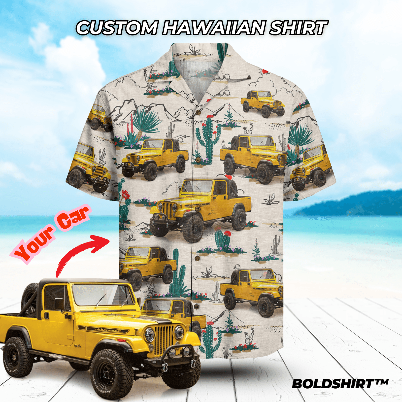 Personalized Hawaiian Shirt With Cars – Desert White