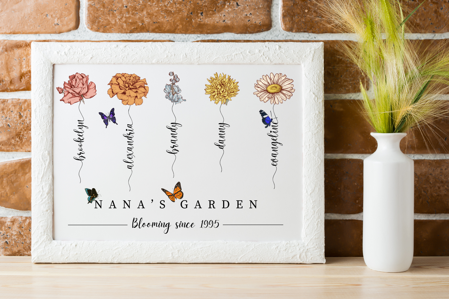 Custom Grandma's Garden Poster with Grandkids Names, Birth Month Flower Bouquet Wall Art, Personalized Gift for Grandma