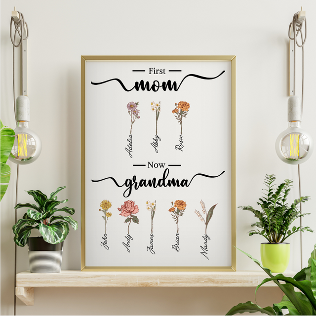 First Mom Now Grandma, Custom Grandma's Garden Poster with Grandkids Names, Birth Month Flower Bouquet, Personalized Gift for Grandma