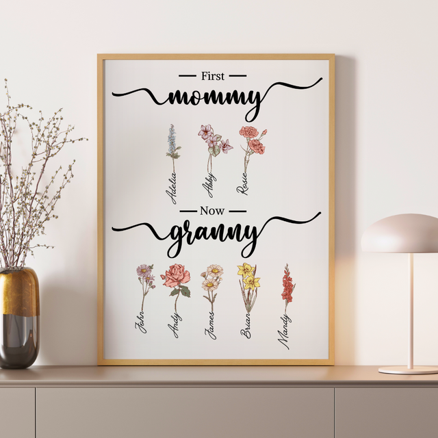 First Mom Now Grandma, Custom Grandma's Garden Poster with Grandkids Names, Birth Month Flower Bouquet, Personalized Gift for Grandma