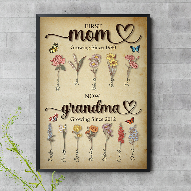 First Mom Now Grandma Growing Here Since, Custom Grandma's Garden Poster with Grandkids Names, Birth Month Flower Bouquet, Personalized Gift for Grandma