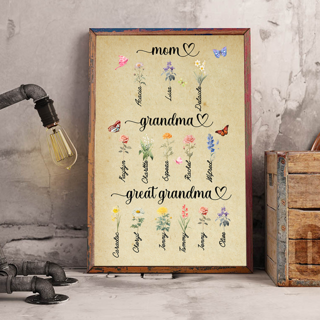 Mom Grandma Great Grandma's Garden Print, Custom Grandma's Garden Poster with Grandkids Names, Birth Month Flower Bouquet, Personalized Gift for Grandma