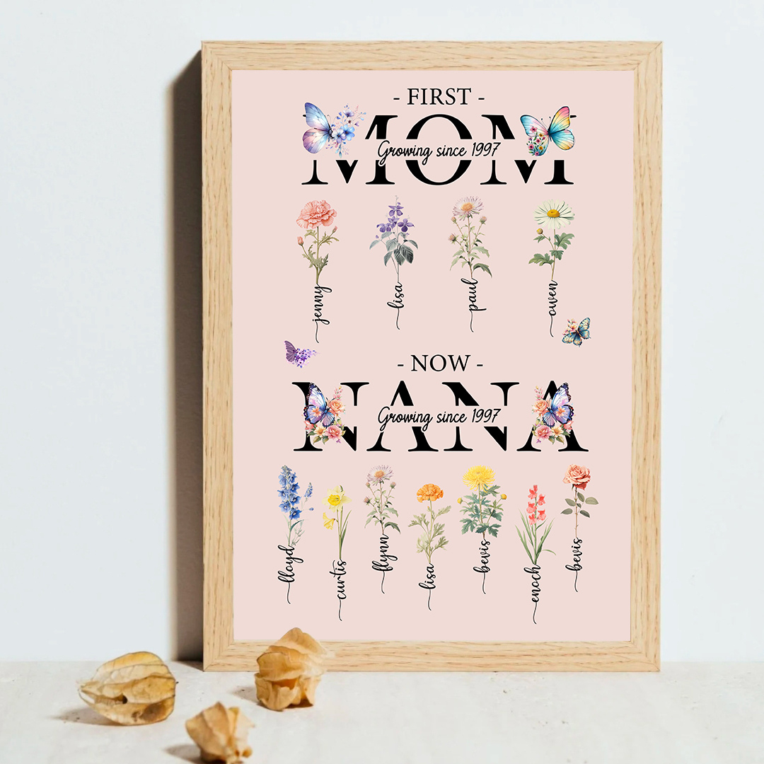 First Mom Now Nana, Custom Grandma's Garden Poster with Grandkids Names, Birth Month Flower Bouquet, Personalized Gift for Grandma
