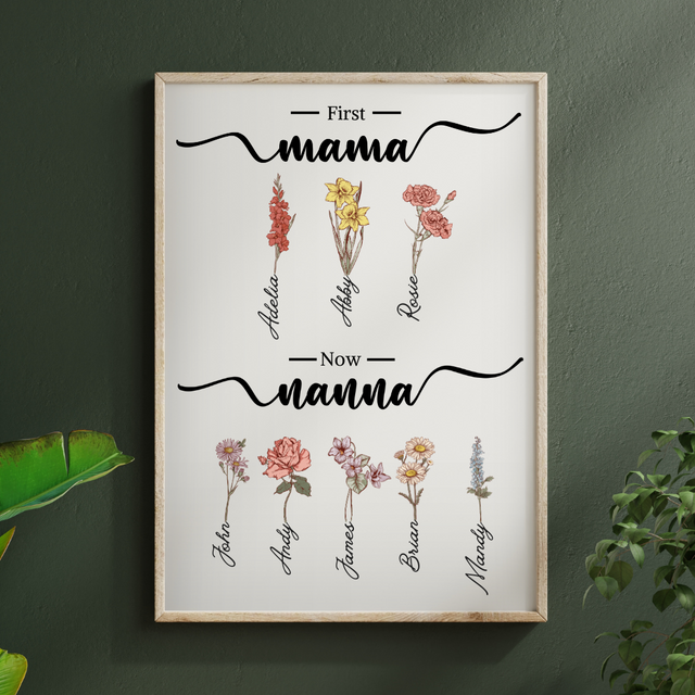 First Mom Now Grandma, Custom Grandma's Garden Poster with Grandkids Names, Birth Month Flower Bouquet, Personalized Gift for Grandma