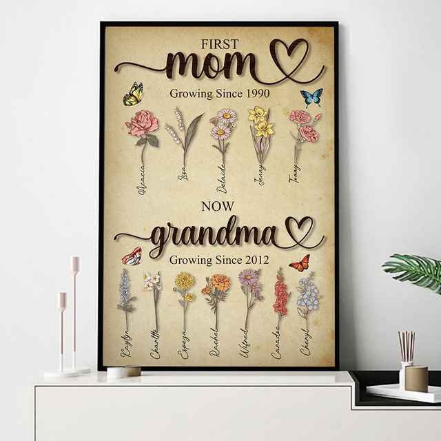 First Mom Now Grandma Growing Here Since, Custom Grandma's Garden Poster with Grandkids Names, Birth Month Flower Bouquet, Personalized Gift for Grandma