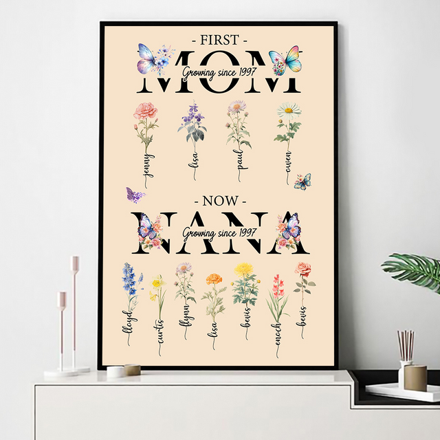 First Mom Now Nana, Custom Grandma's Garden Poster with Grandkids Names, Birth Month Flower Bouquet, Personalized Gift for Grandma