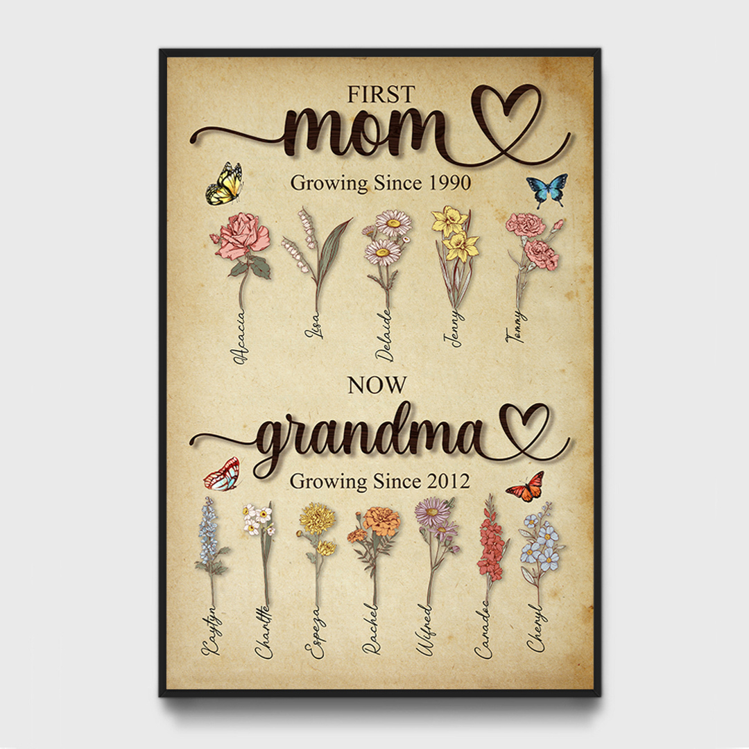 First Mom Now Grandma Growing Here Since, Custom Grandma's Garden Poster with Grandkids Names, Birth Month Flower Bouquet, Personalized Gift for Grandma