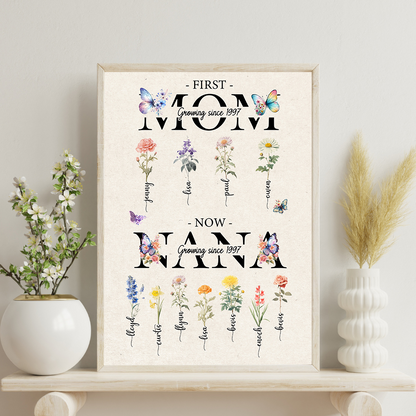 First Mom Now Nana, Custom Grandma's Garden Poster with Grandkids Names, Birth Month Flower Bouquet, Personalized Gift for Grandma