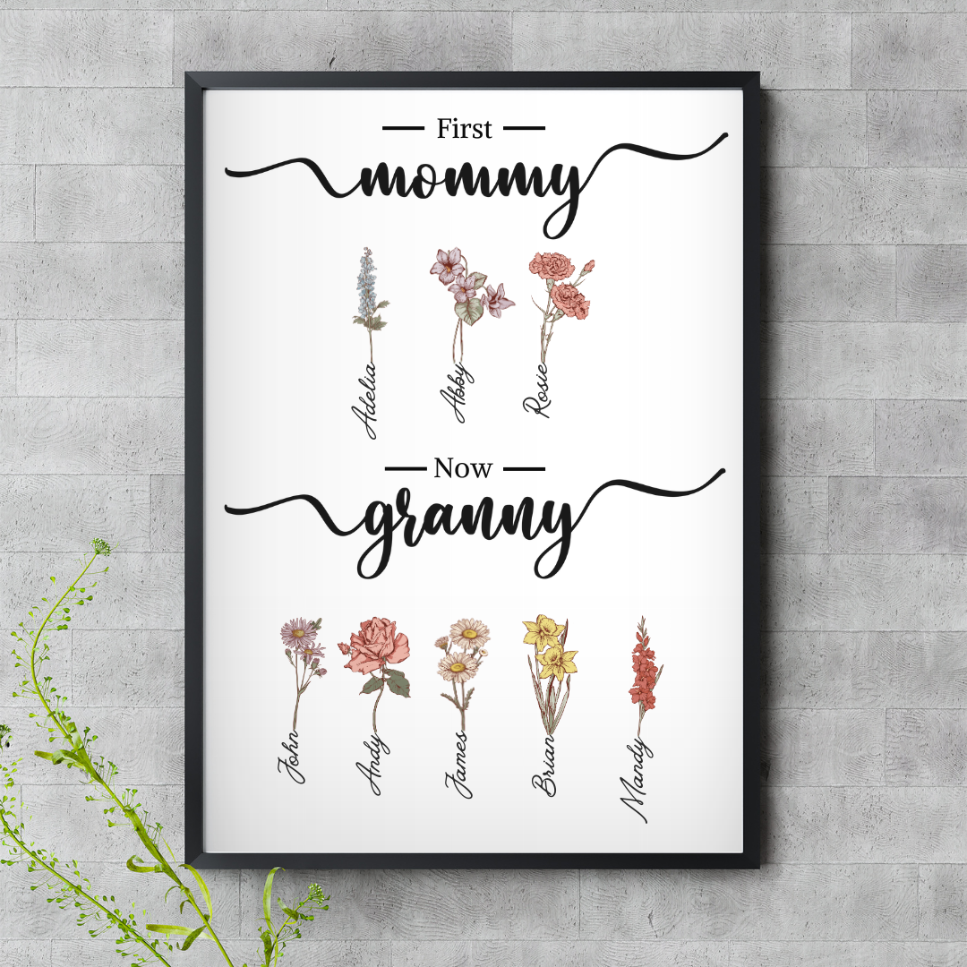 First Mom Now Grandma, Custom Grandma's Garden Poster with Grandkids Names, Birth Month Flower Bouquet, Personalized Gift for Grandma