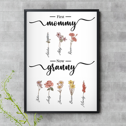 First Mom Now Grandma, Custom Grandma's Garden Poster with Grandkids Names, Birth Month Flower Bouquet, Personalized Gift for Grandma