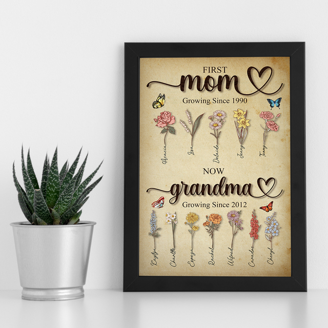 First Mom Now Grandma Growing Here Since, Custom Grandma's Garden Poster with Grandkids Names, Birth Month Flower Bouquet, Personalized Gift for Grandma