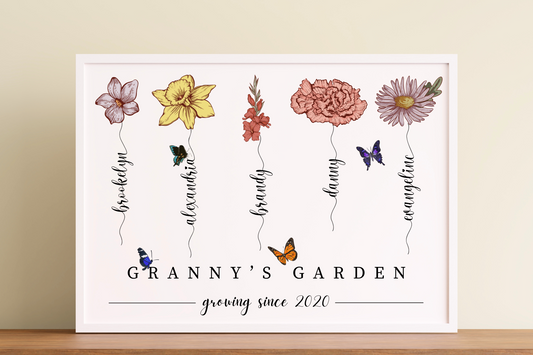 Custom Grandma's Garden Poster with Grandkids Names, Birth Month Flower Bouquet Wall Art, Personalized Gift for Grandma