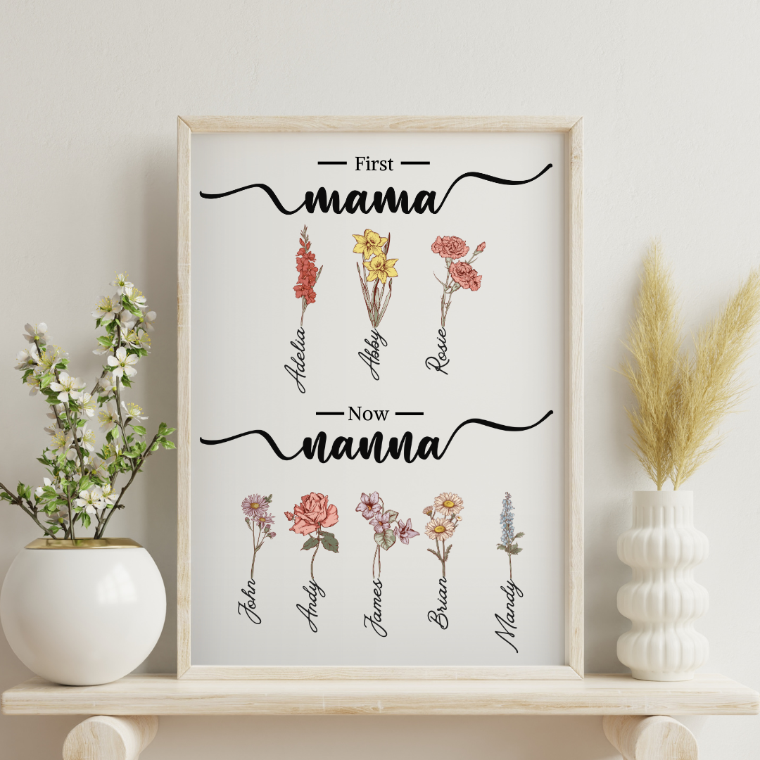 First Mom Now Grandma, Custom Grandma's Garden Poster with Grandkids Names, Birth Month Flower Bouquet, Personalized Gift for Grandma