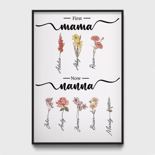 First Mom Now Grandma, Custom Grandma's Garden Poster with Grandkids Names, Birth Month Flower Bouquet, Personalized Gift for Grandma