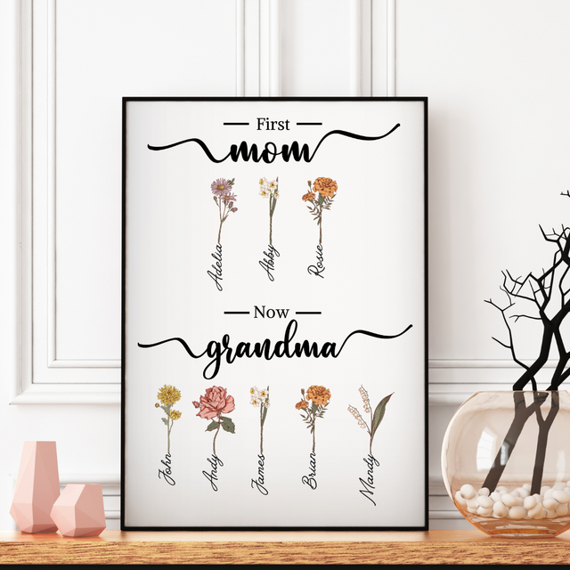 First Mom Now Grandma, Custom Grandma's Garden Poster with Grandkids Names, Birth Month Flower Bouquet, Personalized Gift for Grandma