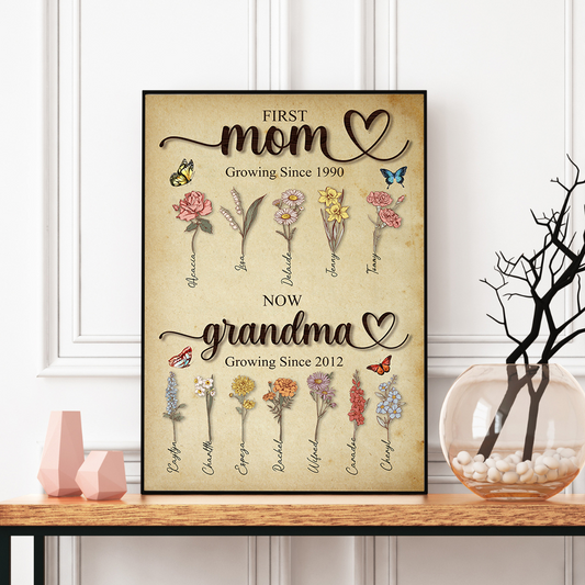 First Mom Now Grandma Growing Here Since, Custom Grandma's Garden Poster with Grandkids Names, Birth Month Flower Bouquet, Personalized Gift for Grandma