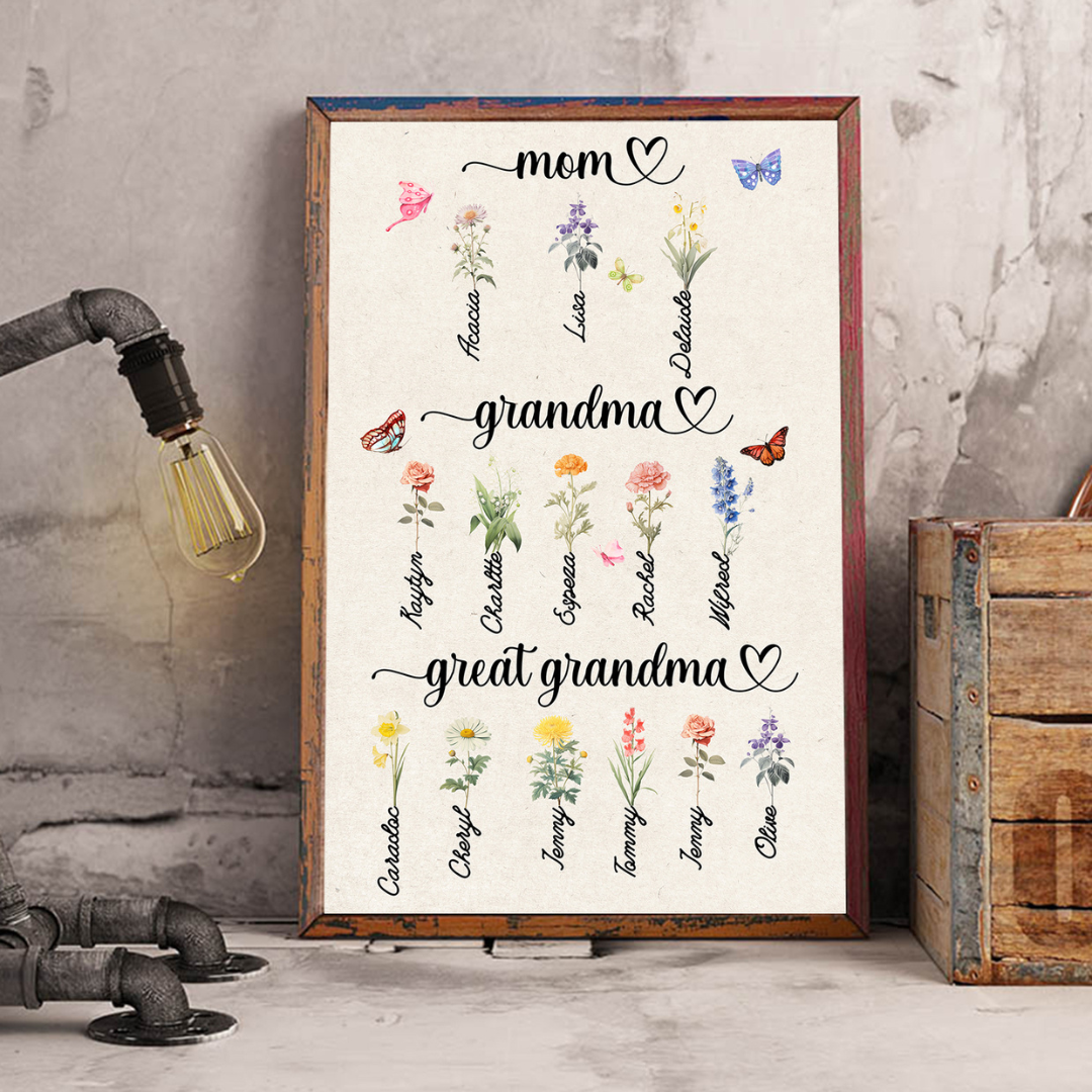 Mom Grandma Great Grandma's Garden Print, Custom Grandma's Garden Poster with Grandkids Names, Birth Month Flower Bouquet, Personalized Gift for Grandma