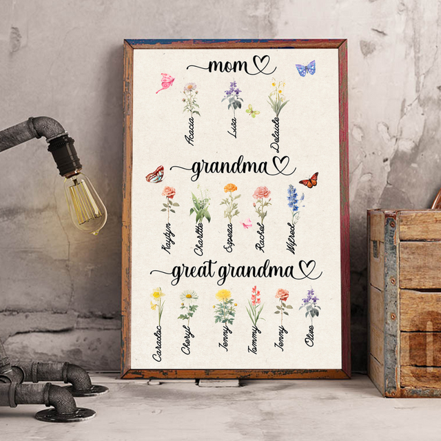 Mom Grandma Great Grandma's Garden Print, Custom Grandma's Garden Poster with Grandkids Names, Birth Month Flower Bouquet, Personalized Gift for Grandma