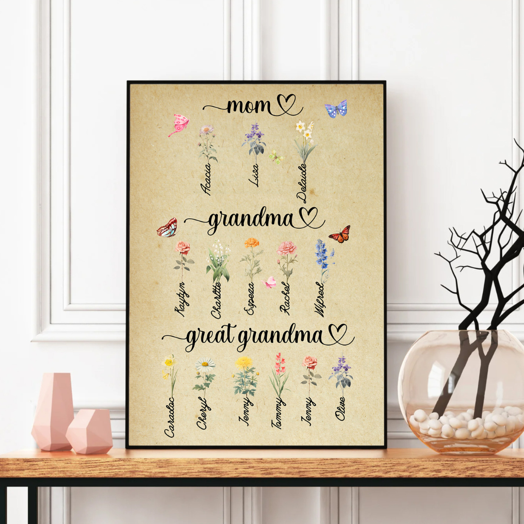 Mom Grandma Great Grandma's Garden Print, Custom Grandma's Garden Poster with Grandkids Names, Birth Month Flower Bouquet, Personalized Gift for Grandma
