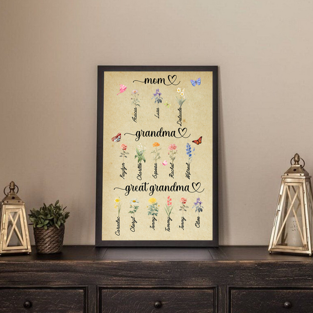 Mom Grandma Great Grandma's Garden Print, Custom Grandma's Garden Poster with Grandkids Names, Birth Month Flower Bouquet, Personalized Gift for Grandma