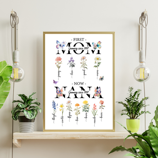 First Mom Now Nana, Custom Grandma's Garden Poster with Grandkids Names, Birth Month Flower Bouquet, Personalized Gift for Grandma