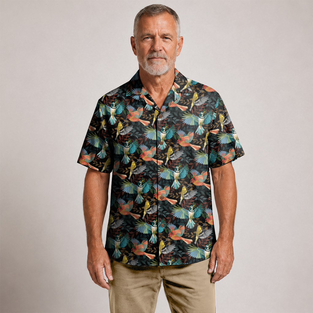 Birdwatching Shirt for Men - Bird Print Hawaiian Button-Up