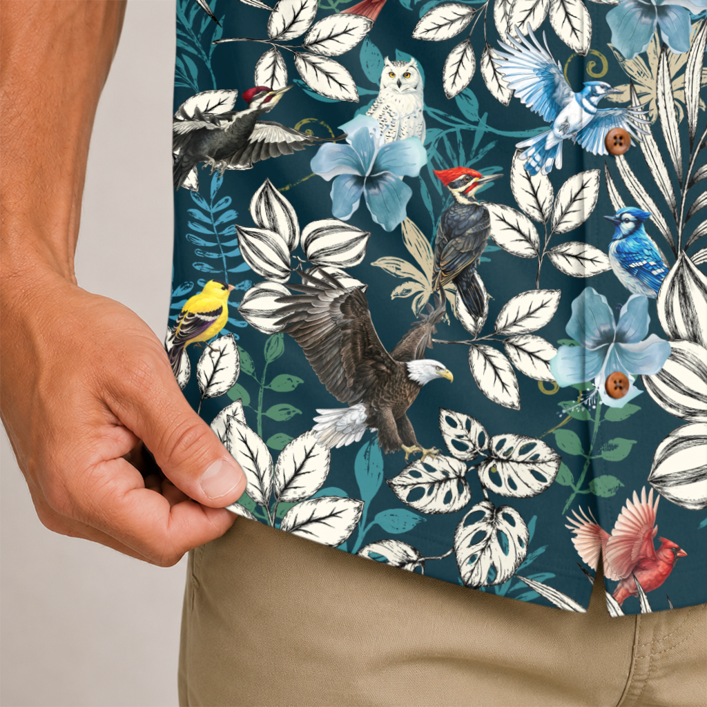 Birdwatching Shirt for Men - Bird Print Hawaiian Button-Up