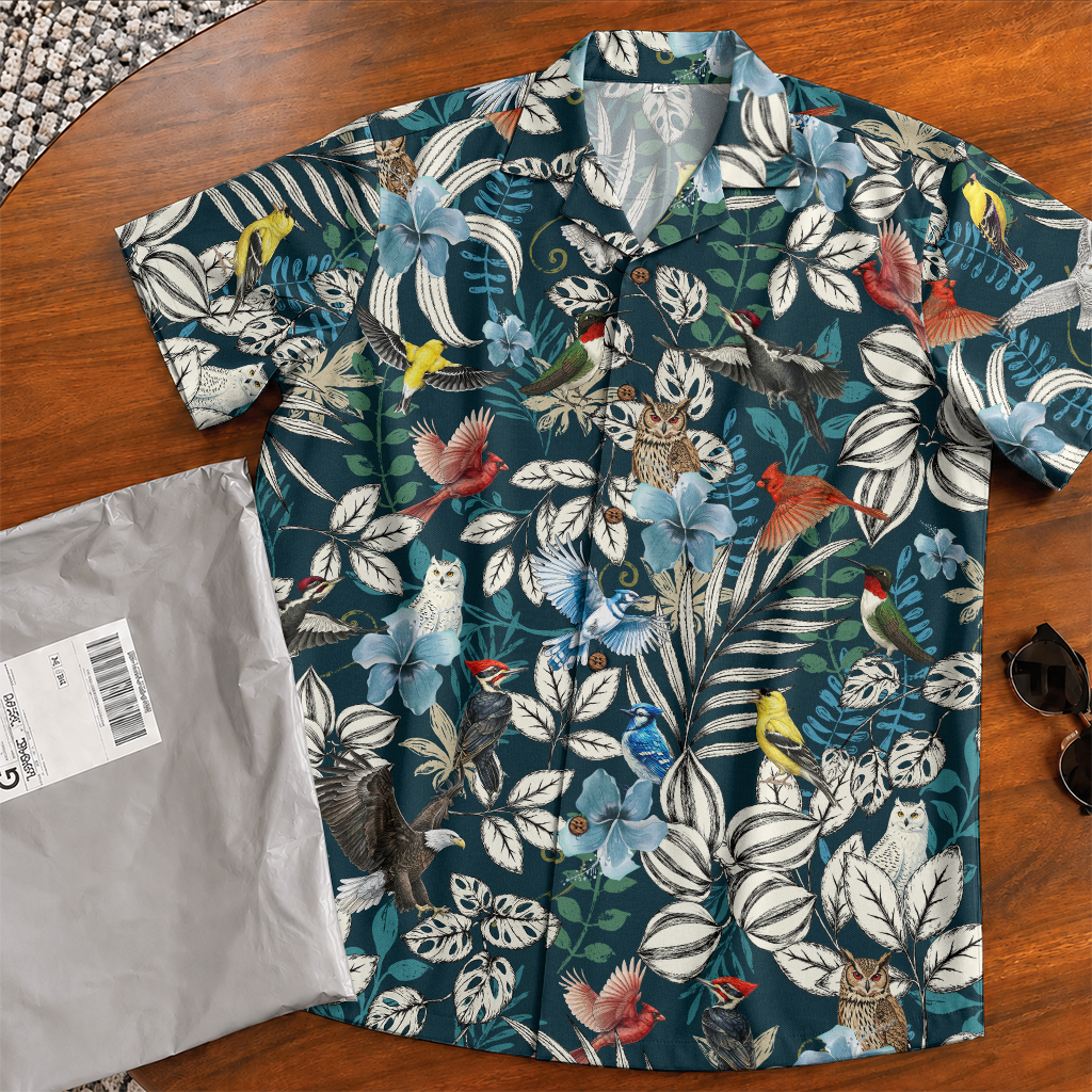 Birdwatching Shirt for Men - Bird Print Hawaiian Button-Up