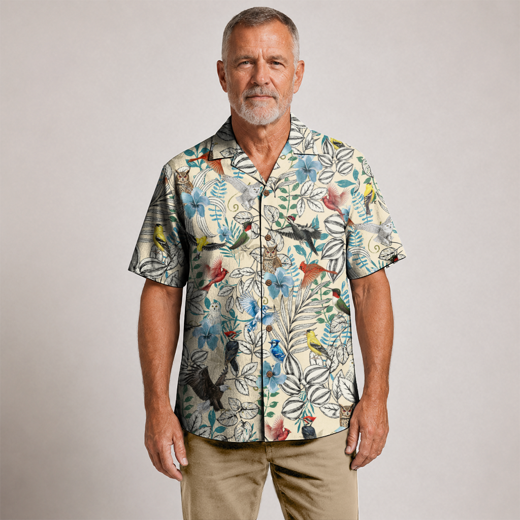 Bird Watching Shirt for Men – Colorful Birds, Butterflies & Botanical Hawaiian Button Down